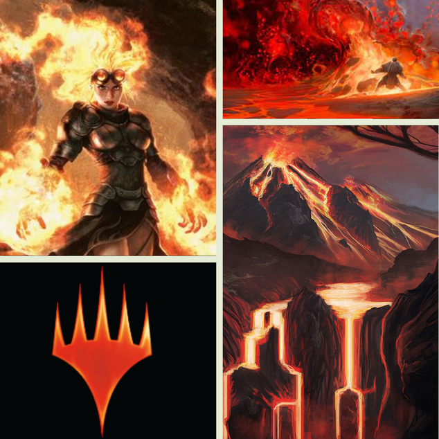 Magic the Gathering logo, Chandra on Fire, a volcano leaking lava, and a volcano on fire