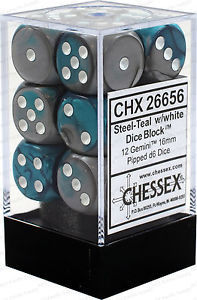 CHX 26656 Steel-Teal with White 12 Count 16mm D6 Dice Set