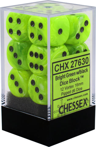 CHX 27630 Bright Green/Black Vortex 12 Count 16mm D6 Dice Set