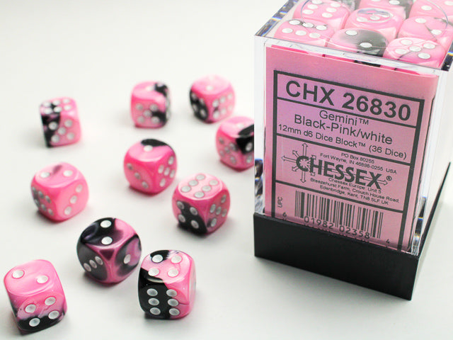 Gemini Black-Pink/white 12mm d6 Dice Block (36 dice)