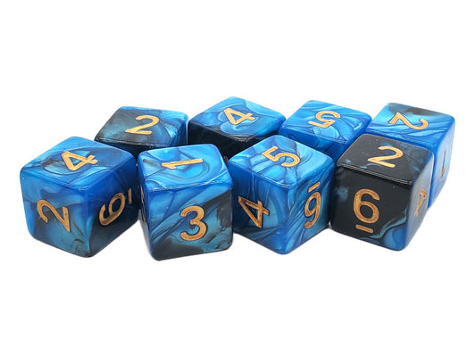 Vorpal - Black & Blue w/ Gold 8 Count 16mm D6 Dice Set