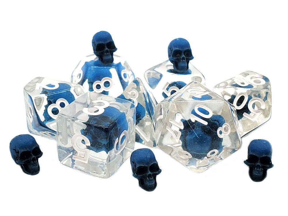Infused Dice - Skull (Blue w/ White) 7pc RPG Set