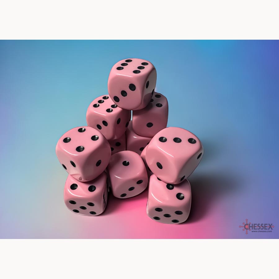 CHX 25664 Pastel Pink/Black Opaque 12 Count 16mm D6 Dice Set