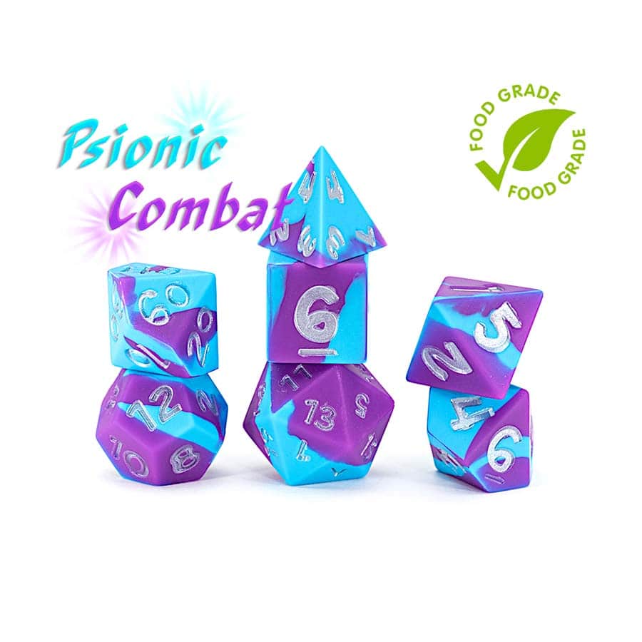 Anti-Stress Dice: Psionic Combat Violet Purple and Cyan Blue Silicone Swirled 7ct.