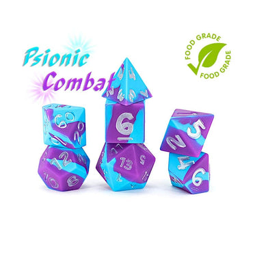 Anti-Stress Dice: Psionic Combat Violet Purple and Cyan Blue Silicone Swirled 7ct.