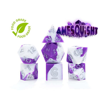 Anti-Stress Dice - Amesquisht: Violet & White Hologlitter 7ct Silicone Dice