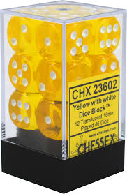 CHX 23602 Yellow/White Translucent 12 Count 16mm D6 Dice Set