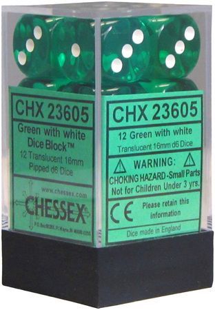 CHX 23605 Green/White Translucent 12 Count 16mm D6 Dice Set