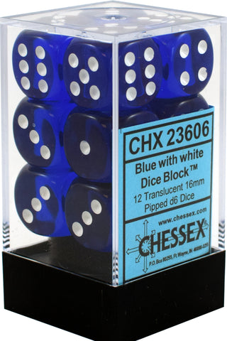CHX 23606 Blue/White Translucent 12 Count 16mm D6 Dice Set
