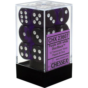 CHX 23607 Purple/White Translucent 12 Count 16mm D6 Dice Set