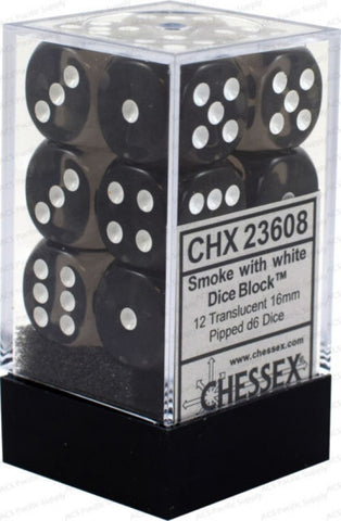 CHX 23608 Smoke Gray/White Translucent 12 Count 16mm D6 Dice Set