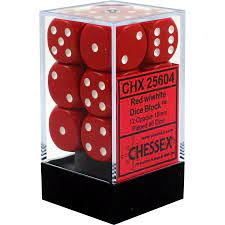CHX 25604 Red/White Opaque 12 Count 16mm D6 Dice Set