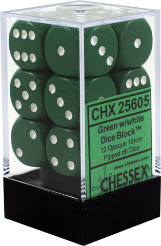 CHX 25605 Green/White Opaque 12 Count 16mm D6 Dice Set