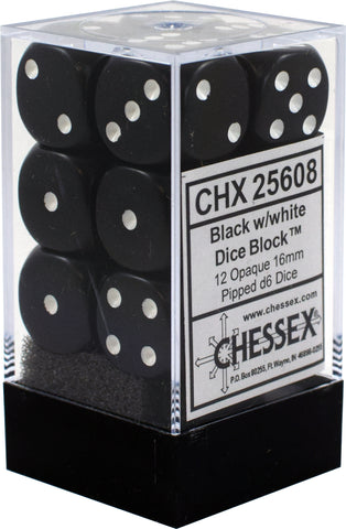 CHX 25608 Black/White Opaque 12 Count 16mm D6 Dice Set