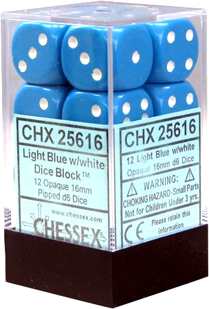 CHX 25616 Light Blue With White Opaque 12 Count 16mm D6 Dice Set