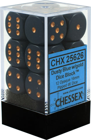 CHX 25626 Dusty Blue With Gold Opaque 12 Count 16mm D6 Dice Set