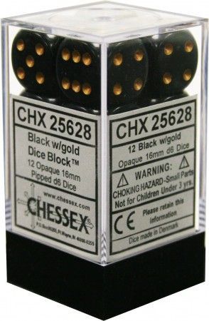 CHX 25628 Black/Gold Opaque 12 Count 16mm D6 Dice Set