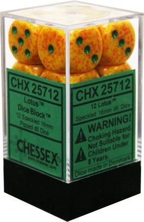 CHX 25712 Yellow Speckled Lotus 12 Count 16mm D6 Dice Set