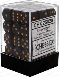 CHX 25828 Black/Gold Opaque 36 Count 12mm D6 Dice Set