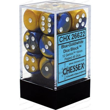 CHX 26622 Blue-Gold/White Gemini 12 Count 16mm D6 Dice Set