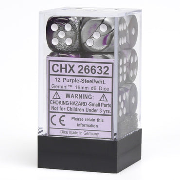 CHX 26632 Purple-Steel/White Gemini 12 Count 16mm D6 Dice Set