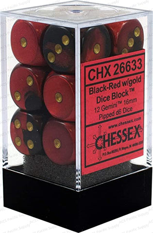CHX 26633 Black-Red/Gold Gemini 12 Count 16mm D6 Dice Set