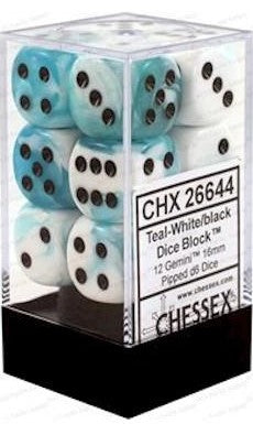 CHX 26644 Teal-White/Black 12 Count 16mm D6 Dice Set