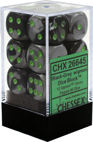 CHX 26645 Black-Grey/Green Gemini 12 Count 16mm D6 Dice Set