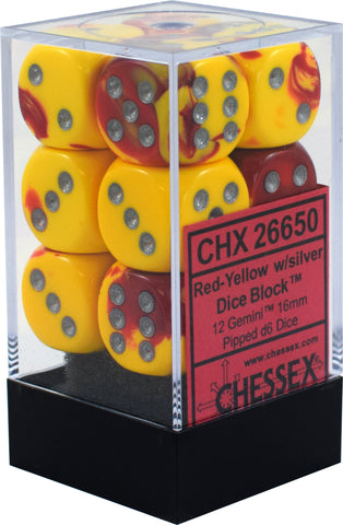 CHX 26650 Red-Yellow/Silver Gemini 12 Count 16mm D6 Dice Set