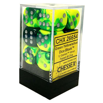 CHX 26654 Green-Yellow with Silver Gemini 12 Count 16mm D6 Dice Set