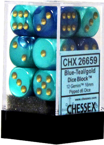 CHX 26659 Blue/Teal with Gold Gemini 12 Count 16mm D6 Dice Set
