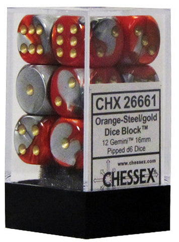 CHX 26661 Orange/Steel with Gold Gemini 12 Count 16mm D6 Dice Set