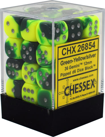 CHX 26854 Green-Yellow with Silver Gemini 36 Count 12mm D6 Dice Set