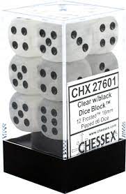 CHX 27601 Clear/Black Frosted 12 Count 16mm D6 Dice Set