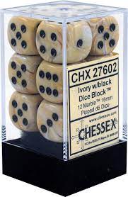 CHX 27602 Ivory/Black Marble 12 Count 16mm D6 Dice Set