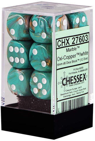 CHX 27603 Teal Oxi-Copper/White Marble 12 Count 16mm D6 Dice Set