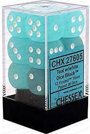CHX 27605 Teal/White Frosted 12 Count 16mm D6 Dice Set