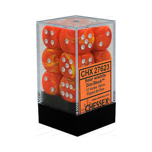 CHX 27623 Solar Orange/White Vortex 12 Count 16mm D6 Dice Set