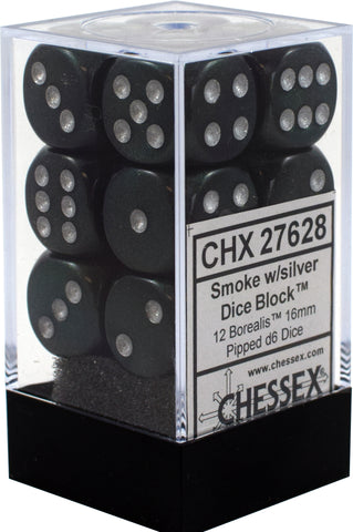 CHX 27628 Smoke Grey/Silver Borealis 12 Count 16mm D6 Dice Set
