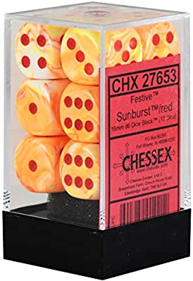 CHX 27653 Orange Sunburst/Red Festive 12 Count 16mm D6 Dice Set