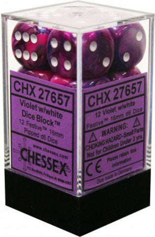 CHX 27657 Violet/White Festive 12 Count 16mm D6 Dice Set