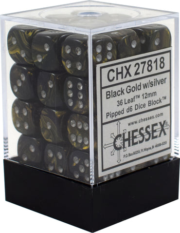 CHX 27818 Black-Gold/Silver Leaf 36 Count 12mm D6 Dice Set