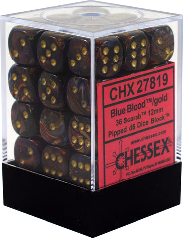 CHX 27819 Blue Blood/Gold Scarab 36 Count 12mm D6 Dice Set