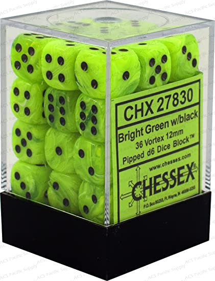 CHX 27830 Bright Green/Black Vortex 36 Count 12mm D6 Dice Set