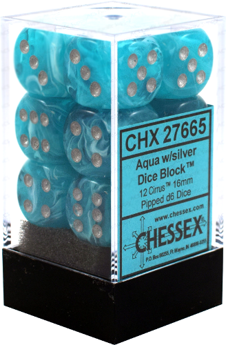 CHX 27665 Aqua/Silver Cirrus 12 Count 16mm D6 Dice Set