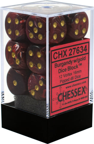 CHX 27634 Burgundy/Gold Vortex 12 Count 16mm D6 Dice Set