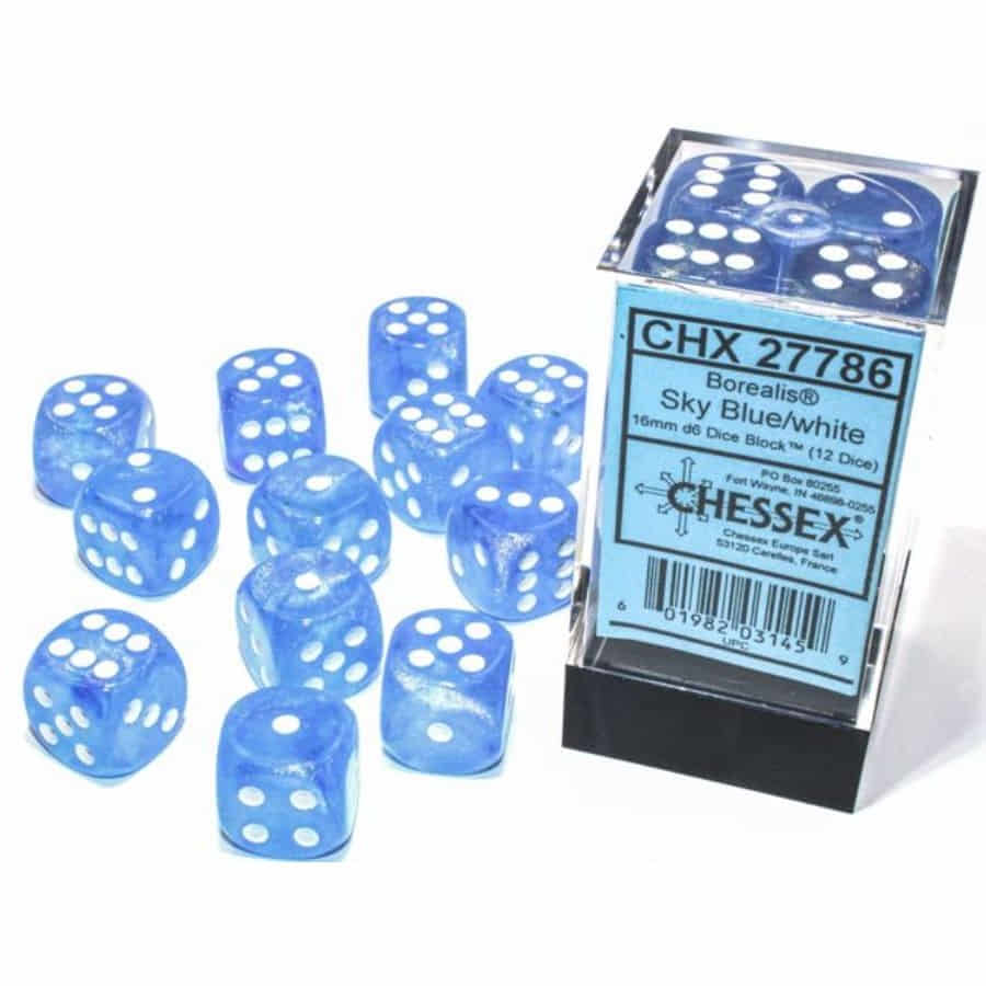 CHX 27786 Sky Blue/White Borealis 12 Count 16mm D6 Dice Set