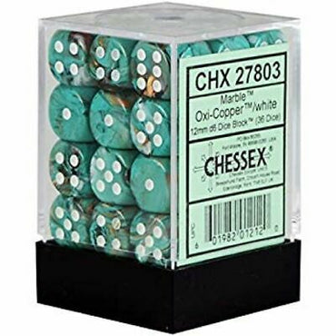 CHX 27803 Green Oxi-Copper White Marble 36 Count 12mm D6 Dice Set